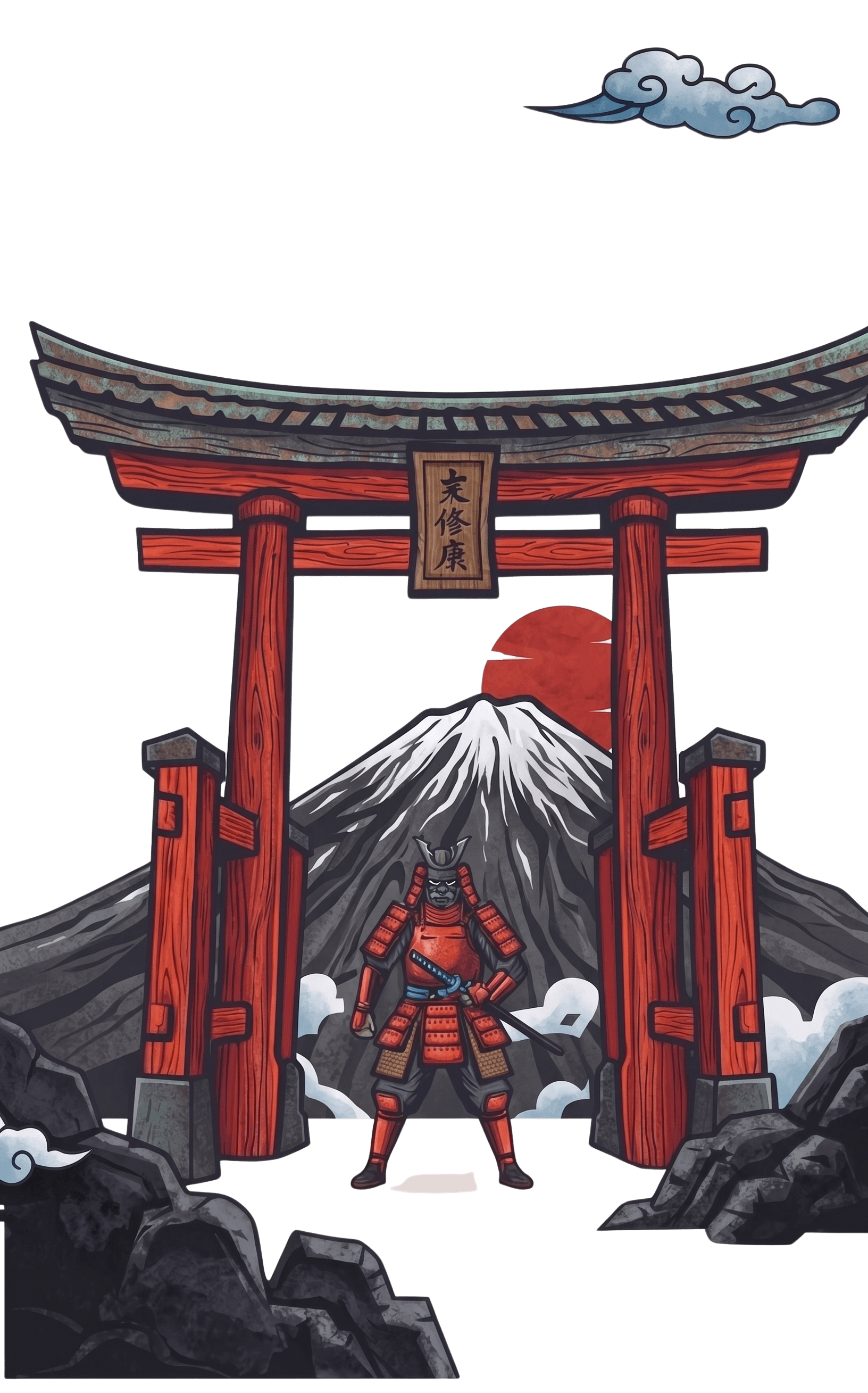 Samurai standing under Japanese torii gate
